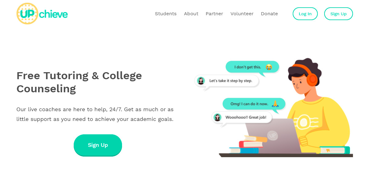 Sitio web de UPchieve con una ilustración de un estudiante que envía mensajes a un estudiante
