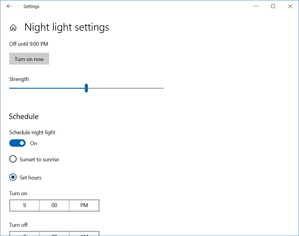 Configuración de iluminación nocturna de Windows