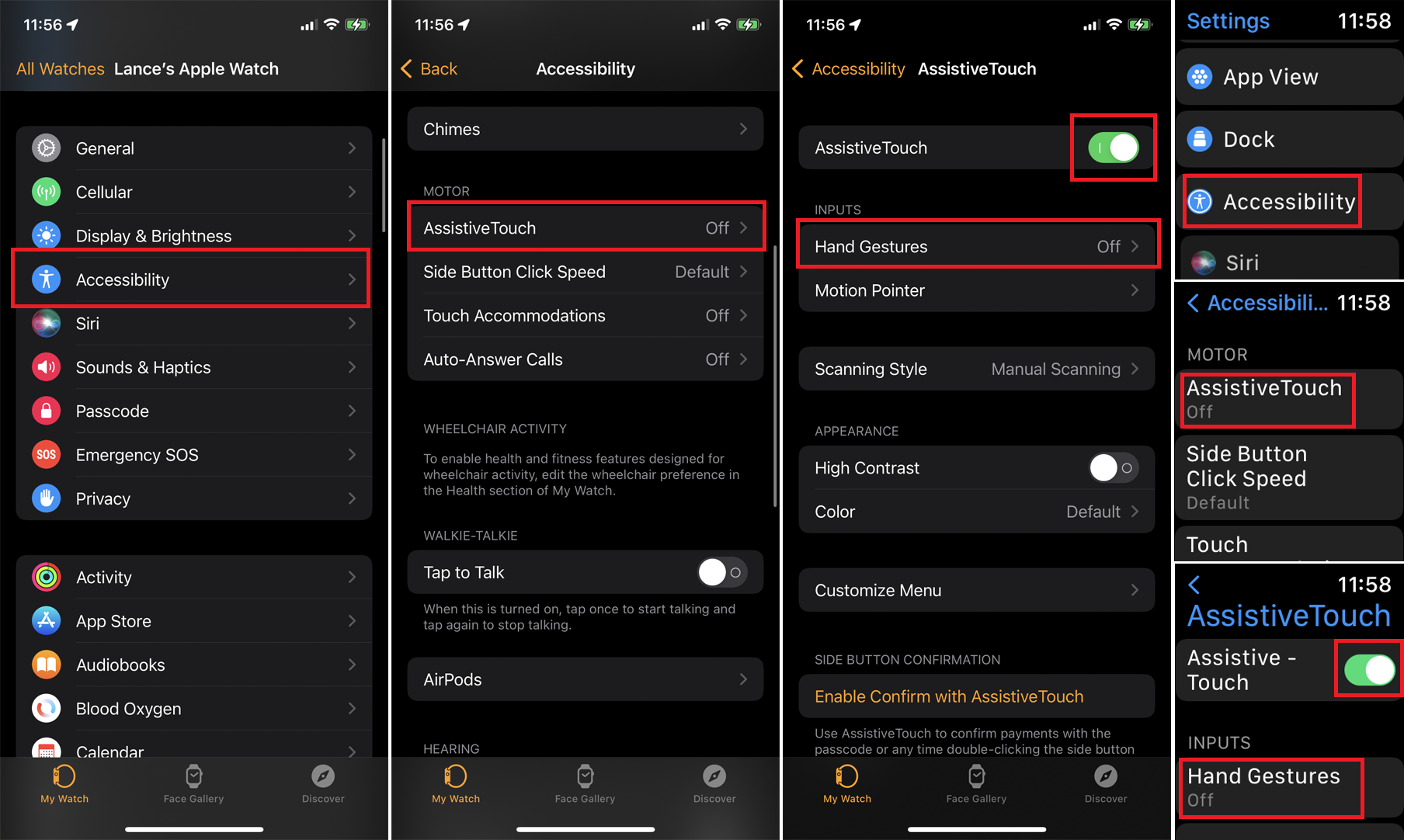 capturas de pantalla de los menús de iPhone y Apple Watch necesarias para activar el toque de asistencia