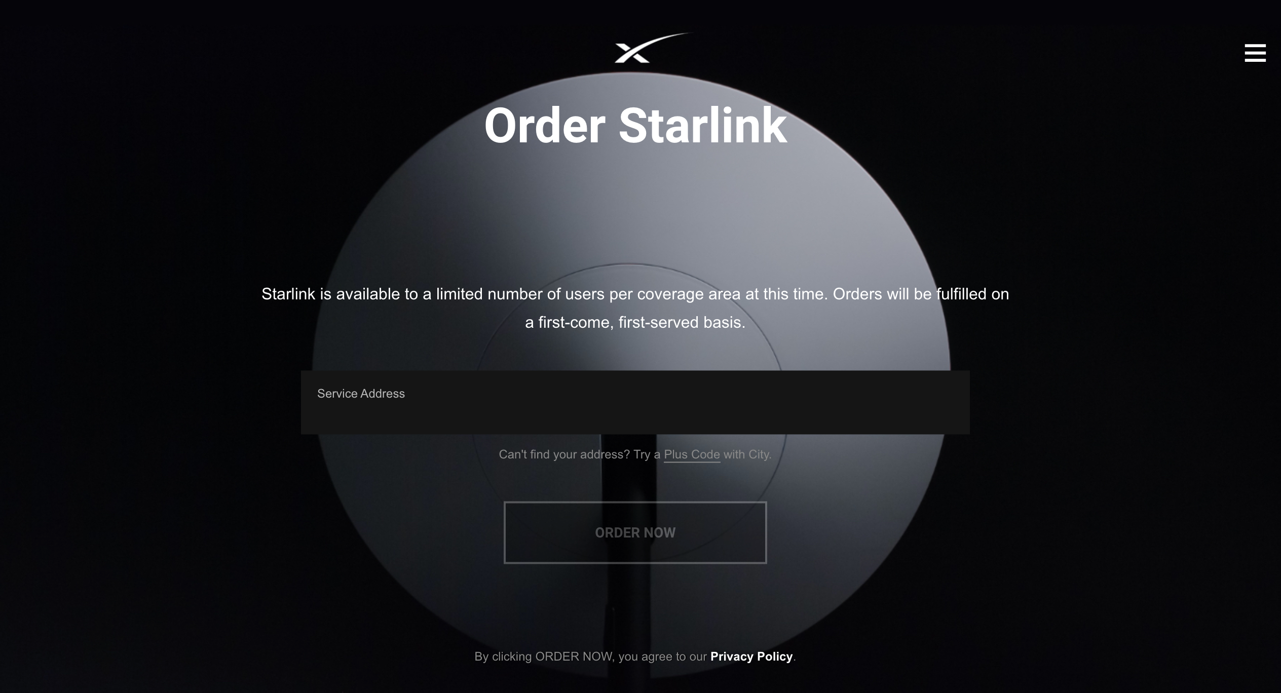 Página de registro de Starlink