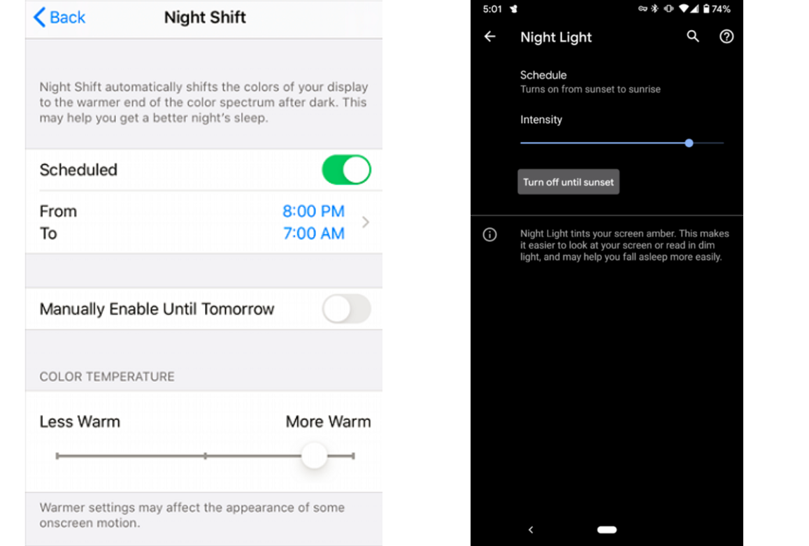 Ajustes Night Shift de iPhone y Night Light de Android