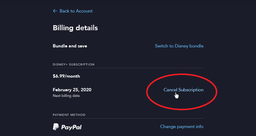 Página de configuración de Disney +, enlace Cancelar suscripción