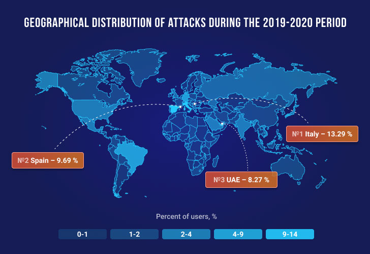 Ataques de malware bancario de Emotet en el mapa