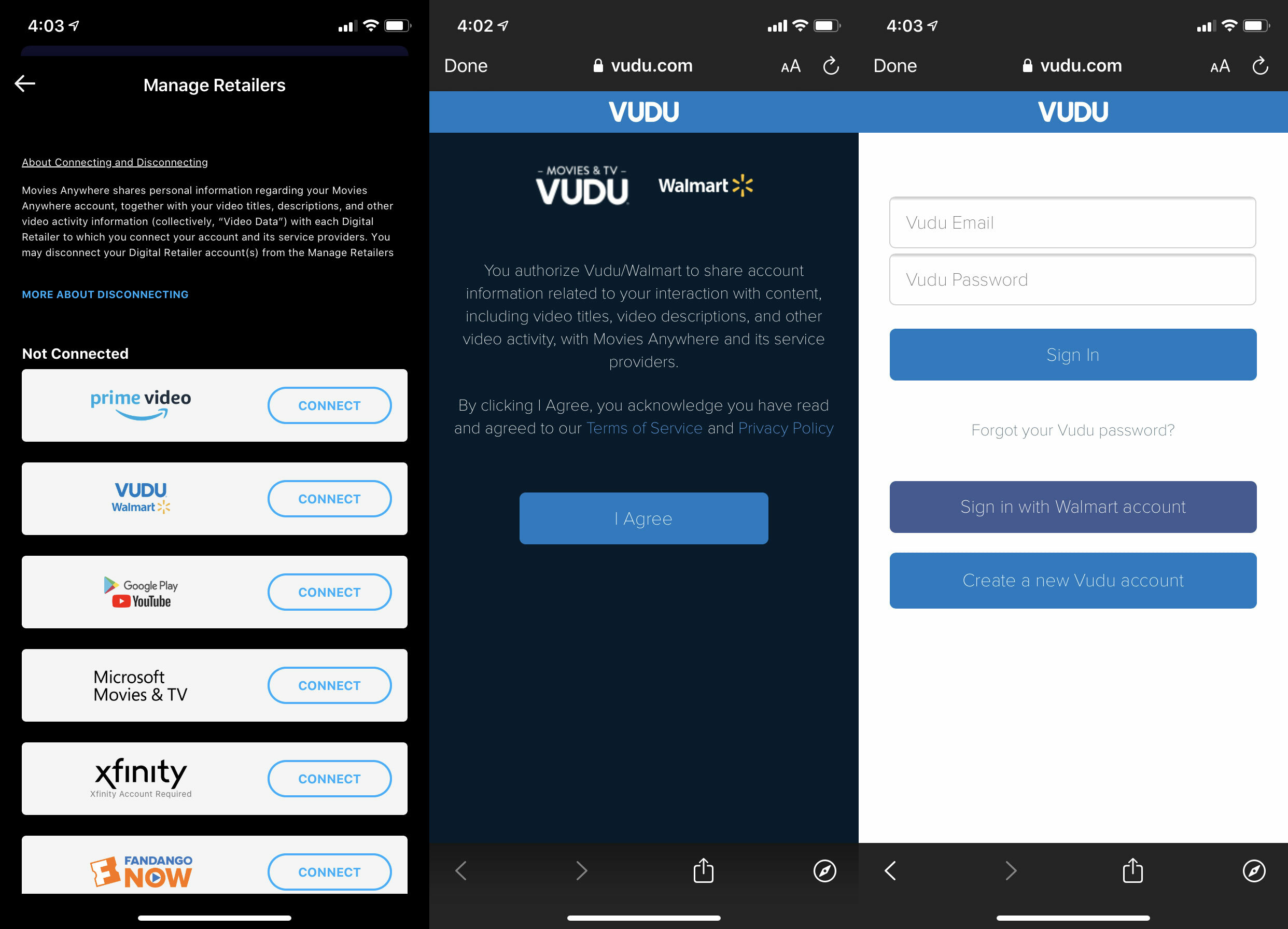 capturas de pantalla de cómo agregar una cuenta de Vudu a la aplicación Movies Anywhere