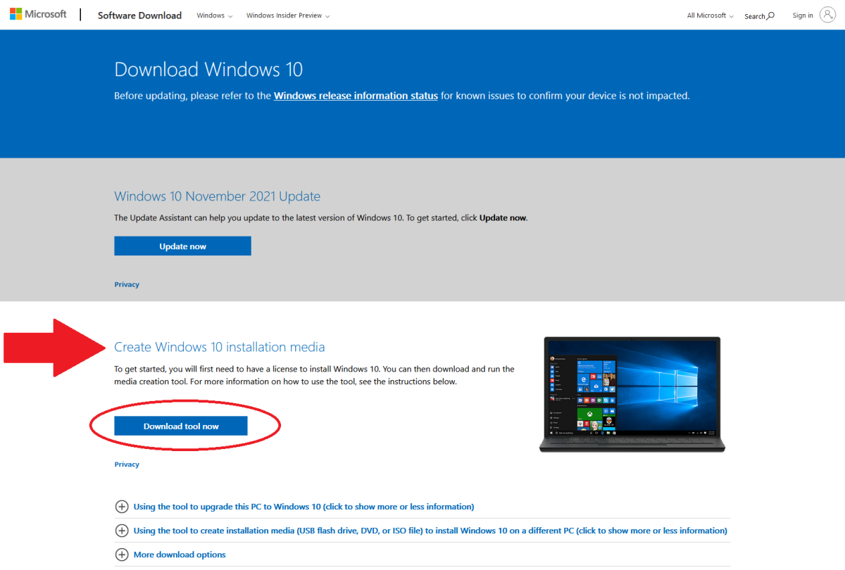 Descargue la página web de Windows 10 con la herramienta de descarga resaltada
