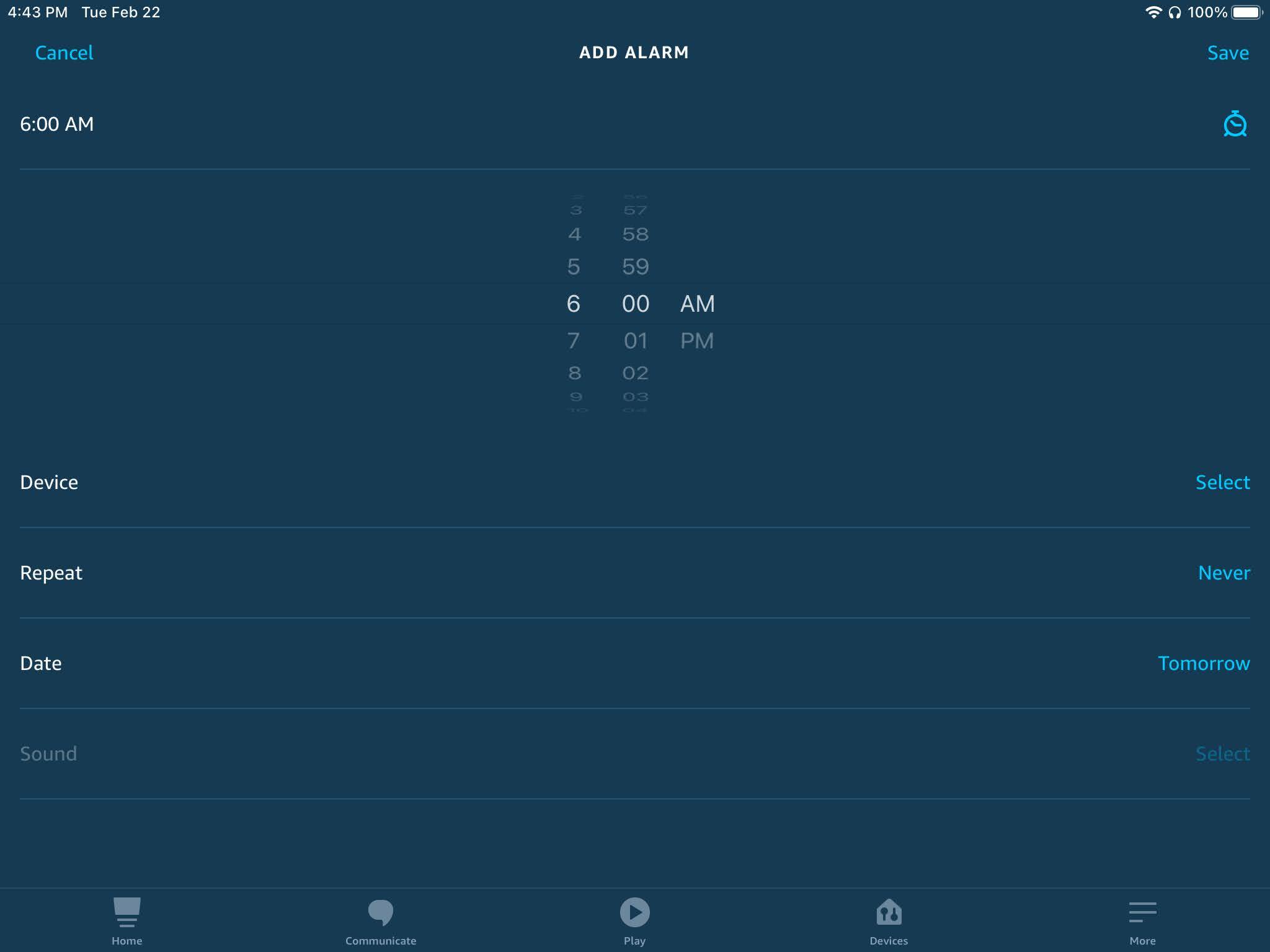 captura de pantalla del menú de alarma en la aplicación alexa