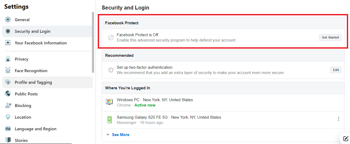 habilitar facebook proteger