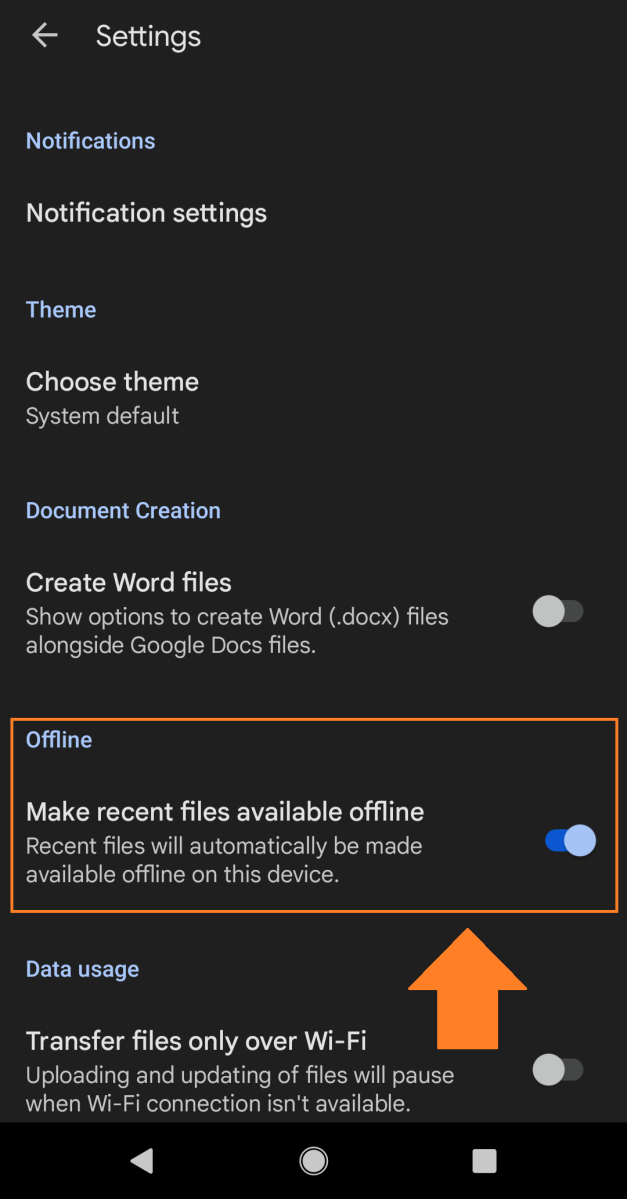 Opción sin conexión en la configuración de Google Docs en Android