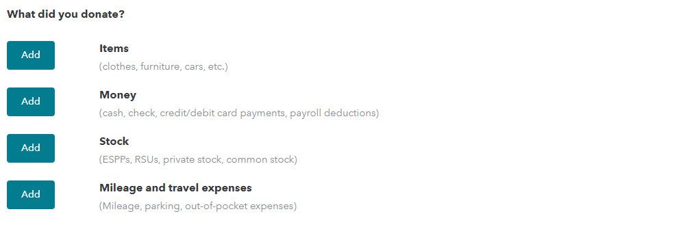 Captura de pantalla que muestra las categorías de donaciones a efectos fiscales