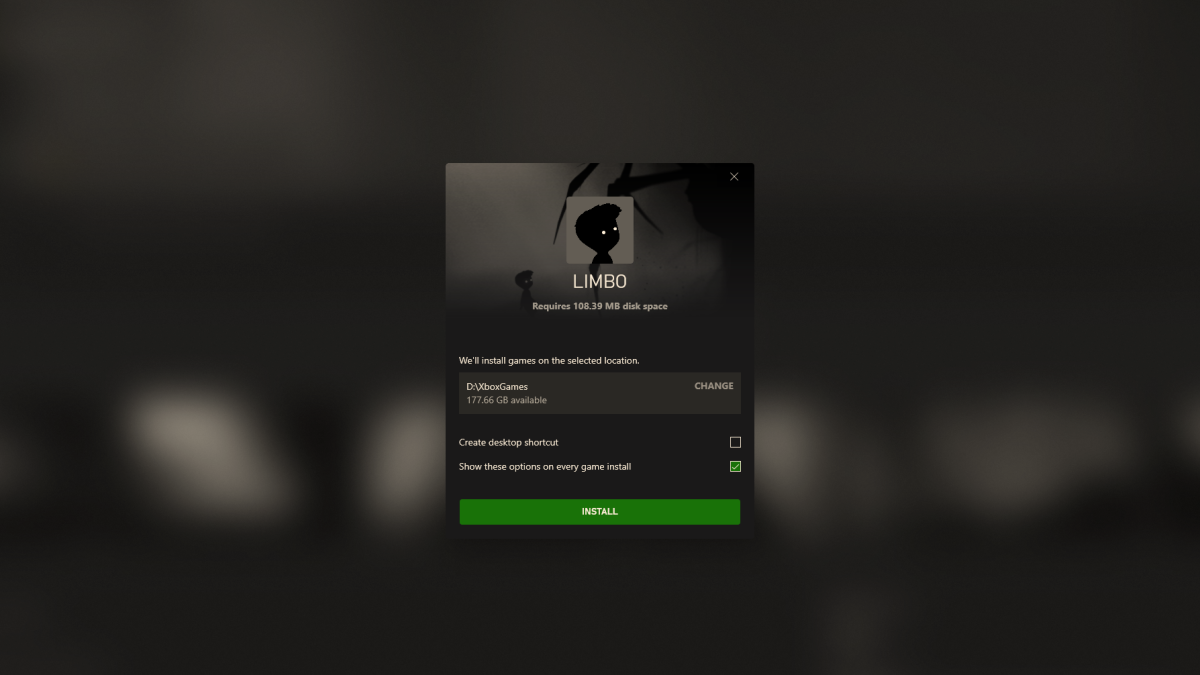 Aplicación Xbox que muestra las opciones de instalación de un juego (Limbo)