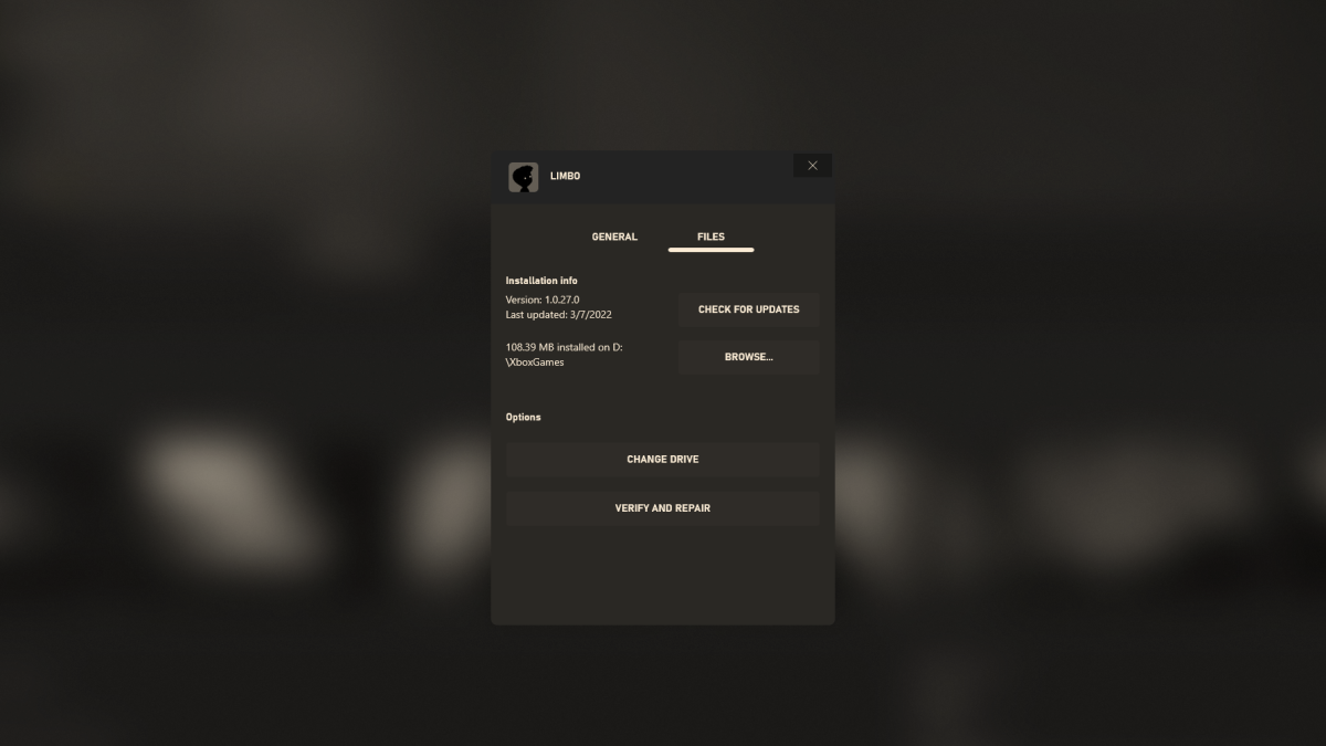 Aplicación Xbox que muestra las opciones de administración de archivos para un juego (Limbo)