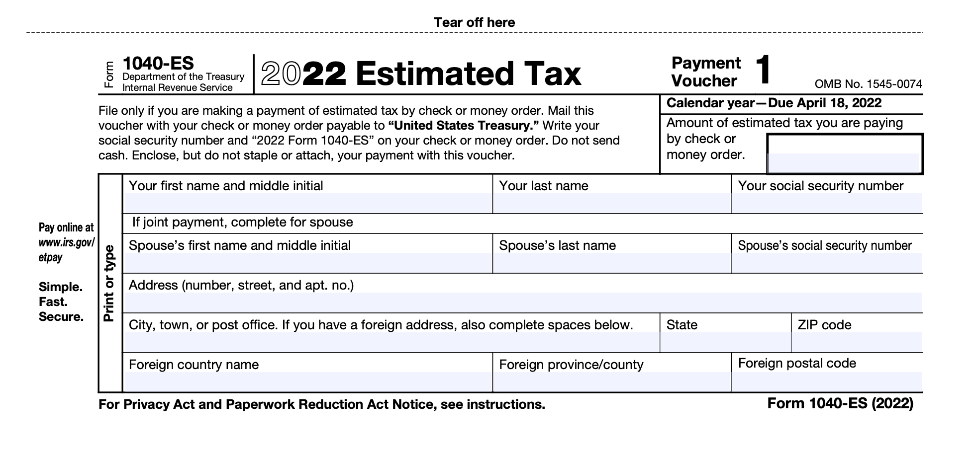 Comprobante de pago, o formulario 1040ES del IRS, para realizar pagos estimados sobre los ingresos del trabajo por cuenta propia
