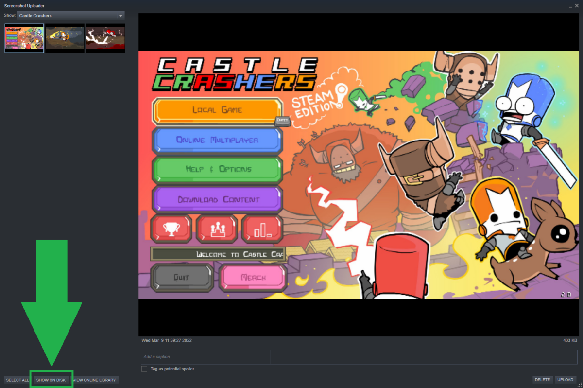 Cargador de capturas de pantalla de Steam: mostrar en el disco (castle crashers)