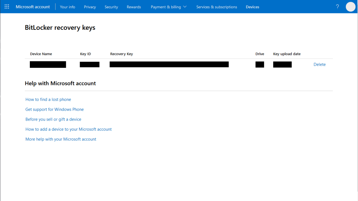 Lista de claves de recuperación de BitLocker en una cuenta de Microsoft