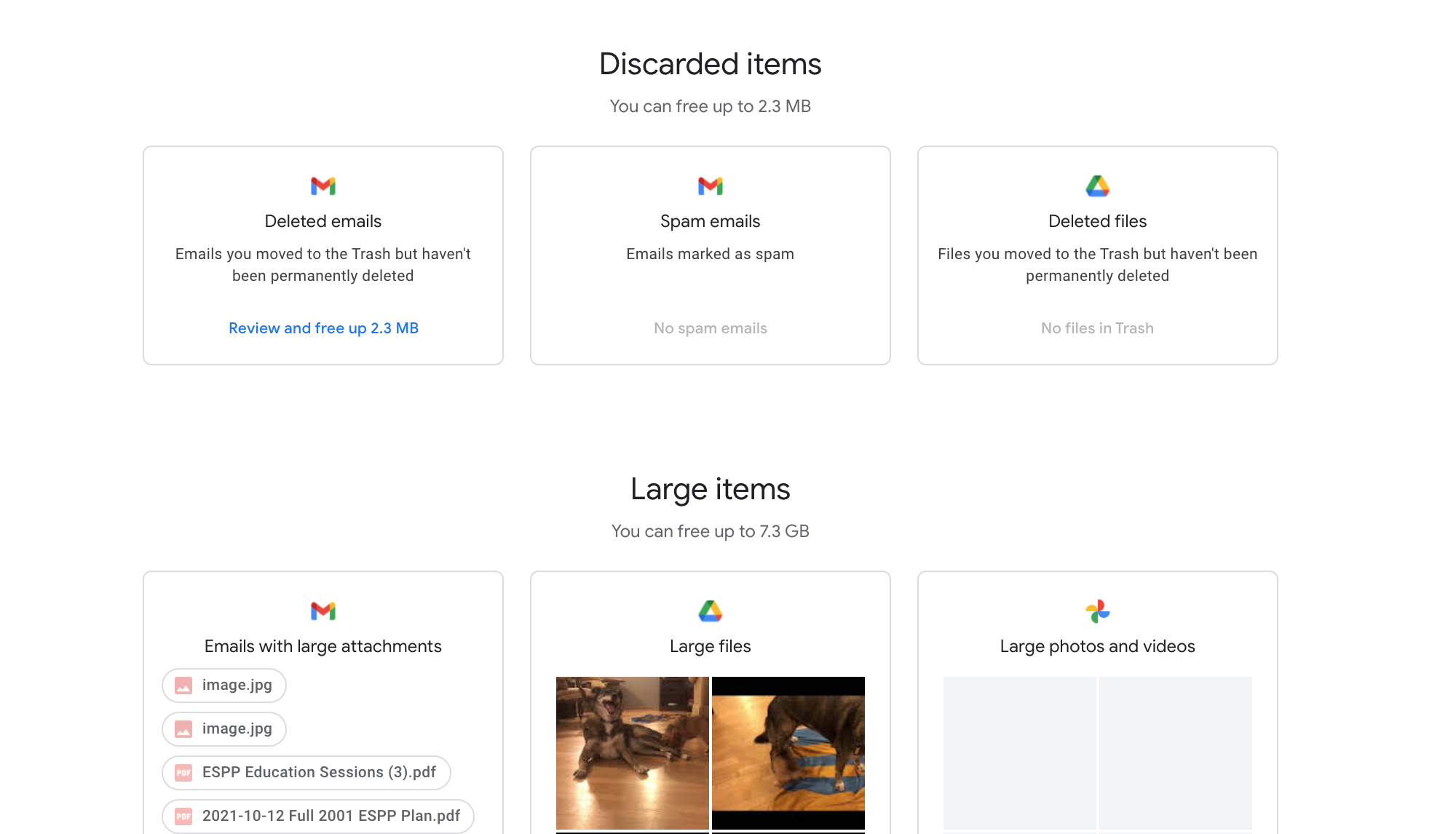 Página de Google One Storage Manager que muestra archivos grandes para eliminar en Gmail, papelera, Google Drive