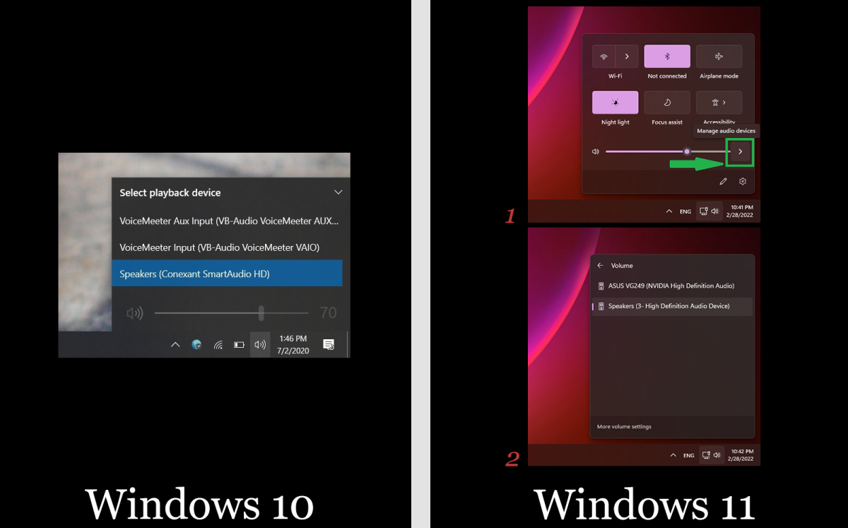 Selección de dispositivo de reproducción en la barra de tareas de Windows para Win 10 y Win 11