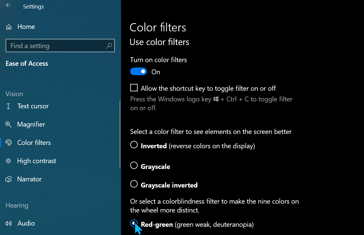 Filtros de color de Windows 10