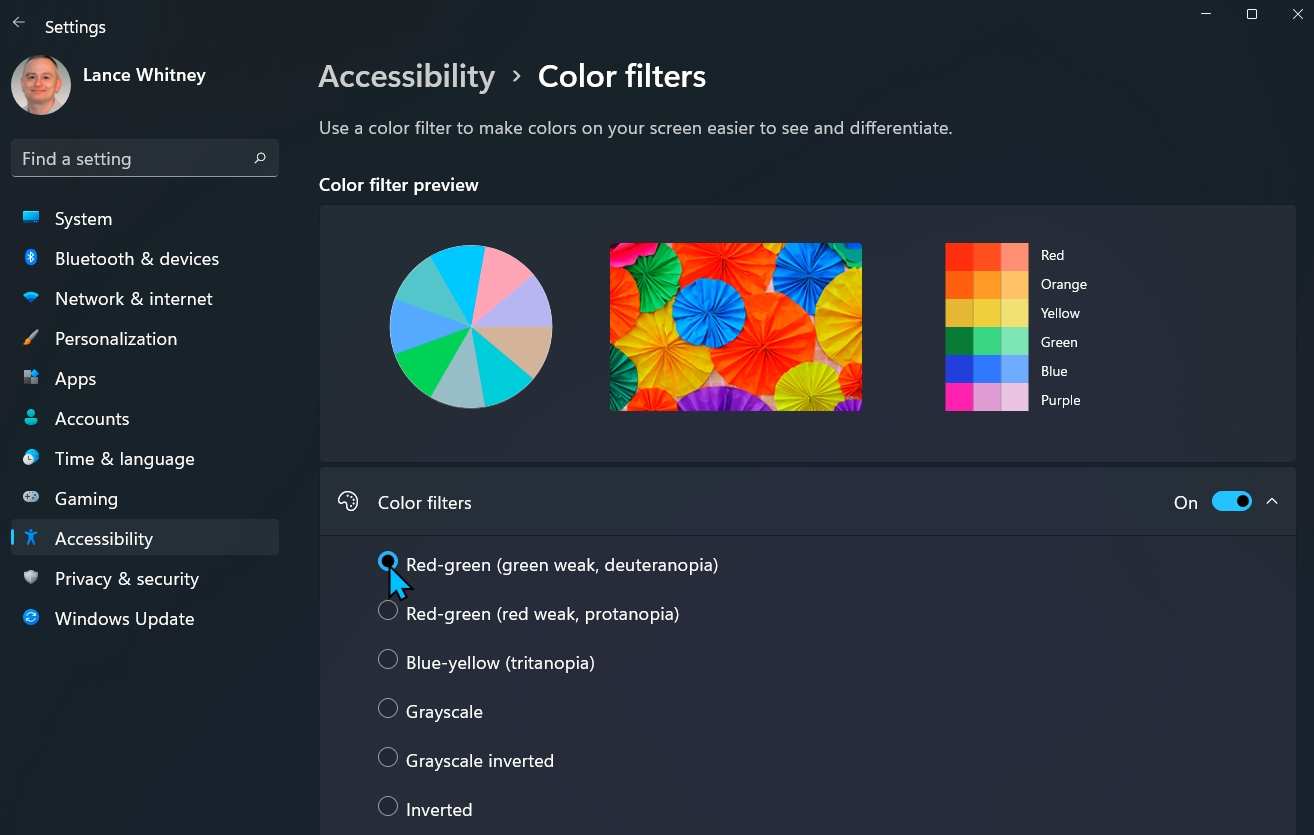 Filtros de color de Windows 11