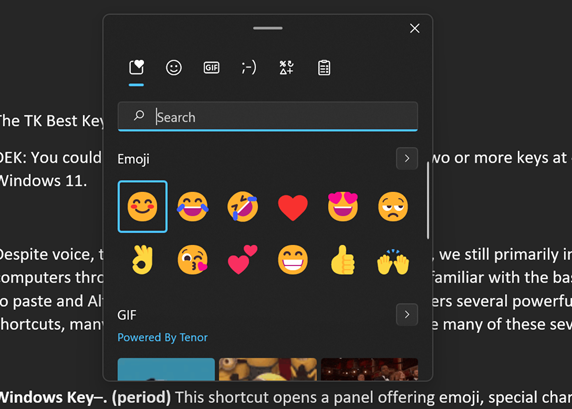 Windows 11 emoji, símbolo, panel de caracteres especiales