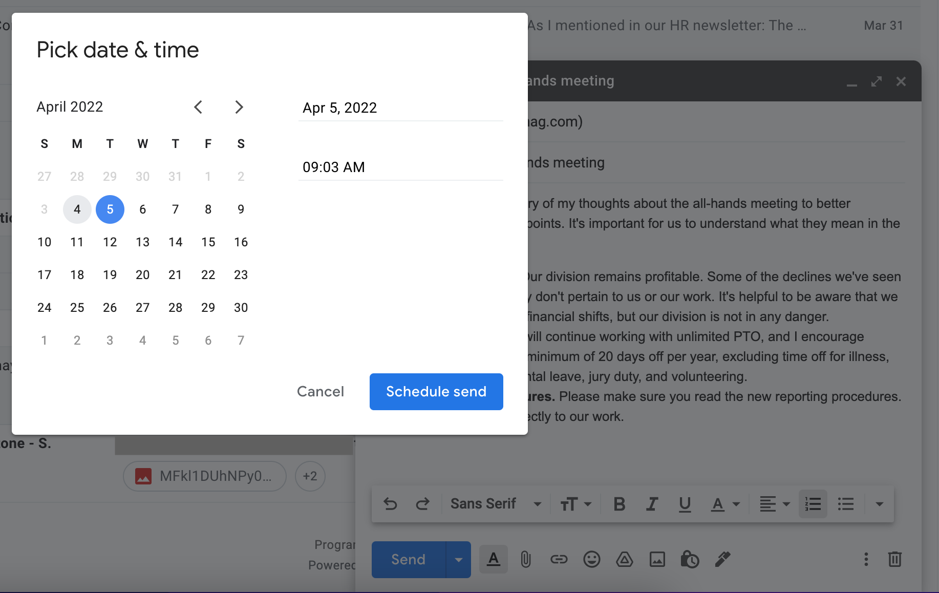 Función de envío programado de Gmail con una vista de calendario para elegir la fecha y hora para enviar un correo electrónico