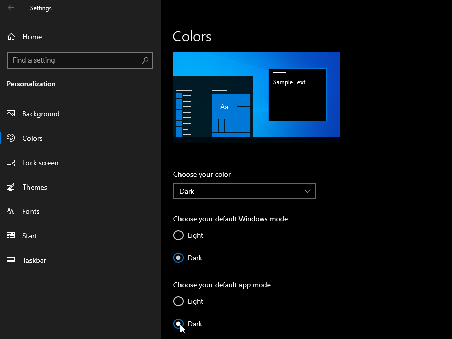 Modo oscuro de Windows 10