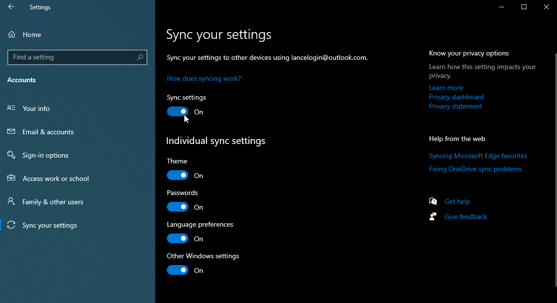 Configuración de sincronización de Windows 10