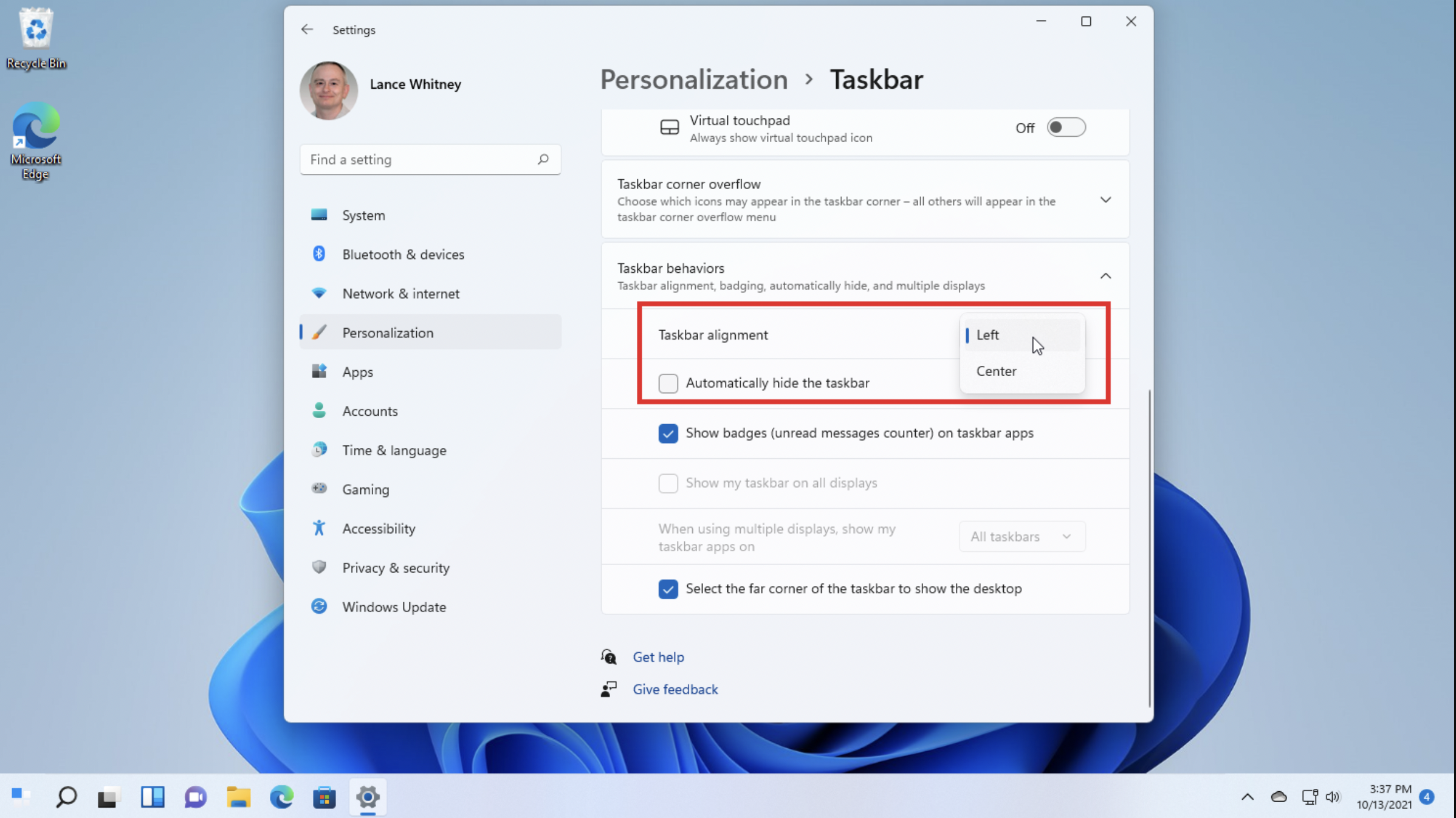 Opciones de la barra de tareas de Windows 11