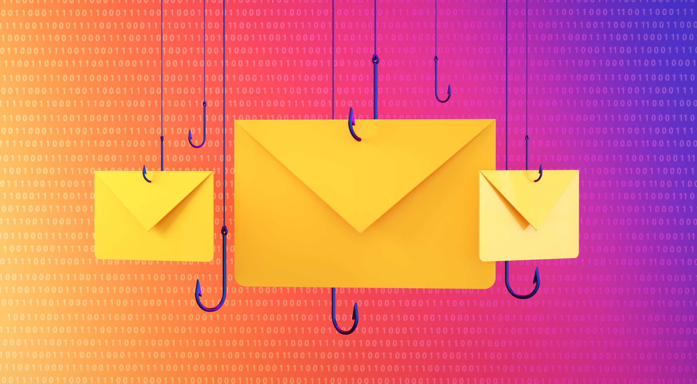 ilustración de sobres colgados en el aire asegurados con anzuelos para sugerir un ataque de phishing basado en correo electrónico