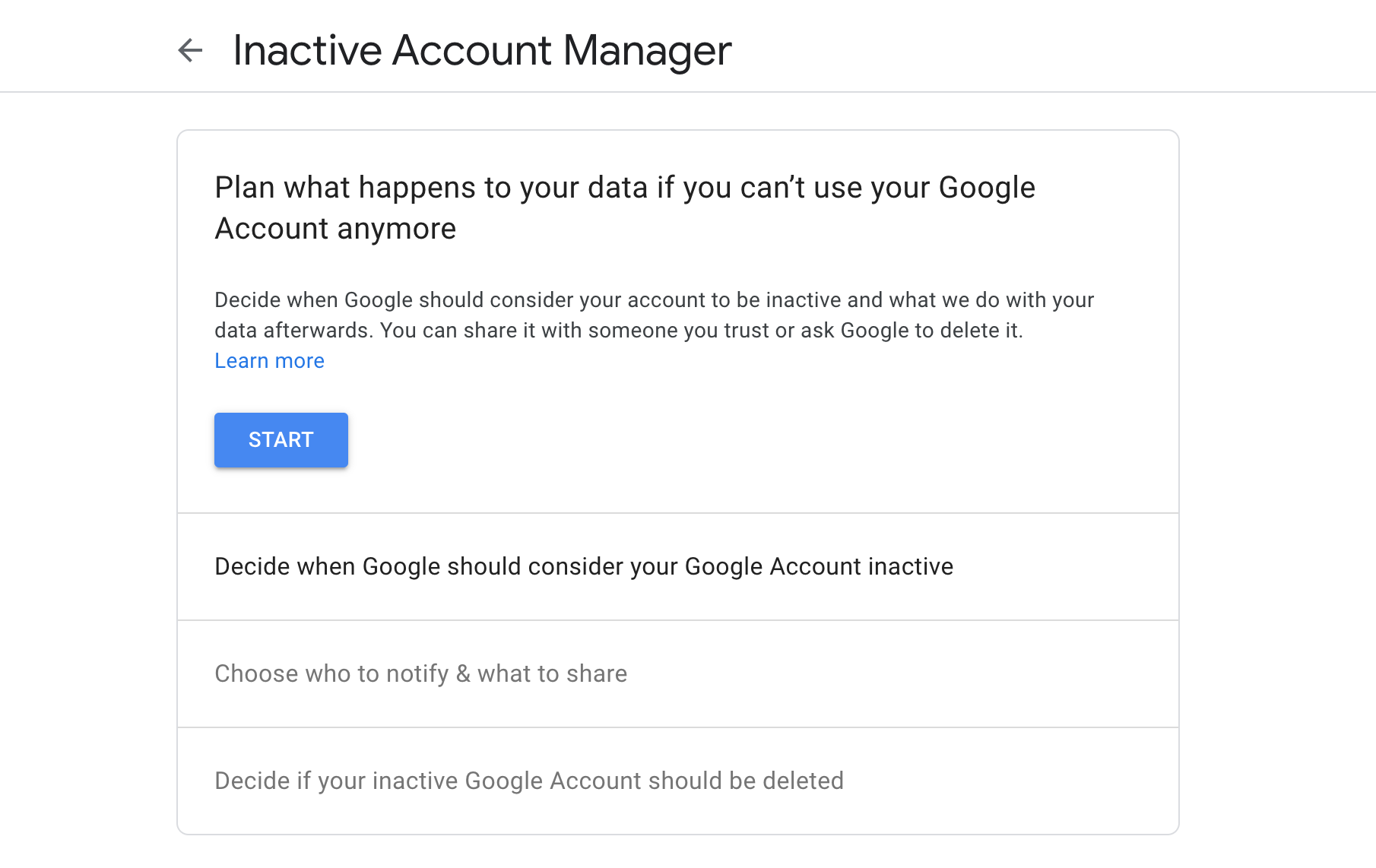 Pantalla de inicio del administrador de cuentas inactivas de Google