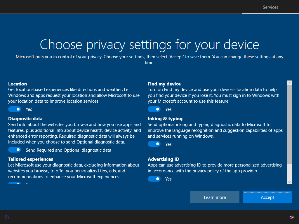 Configuración de privacidad de Windows 10 durante la configuración