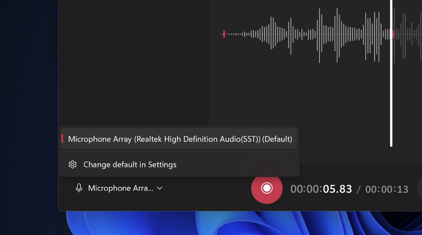 Elija la fuente del micrófono en Windows 11 Sound Recorder