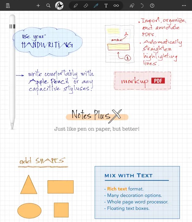 Aplicación para iPad Notes Plus X, que muestra los tipos de notas escritas a mano y mecanografiadas que puede hacer