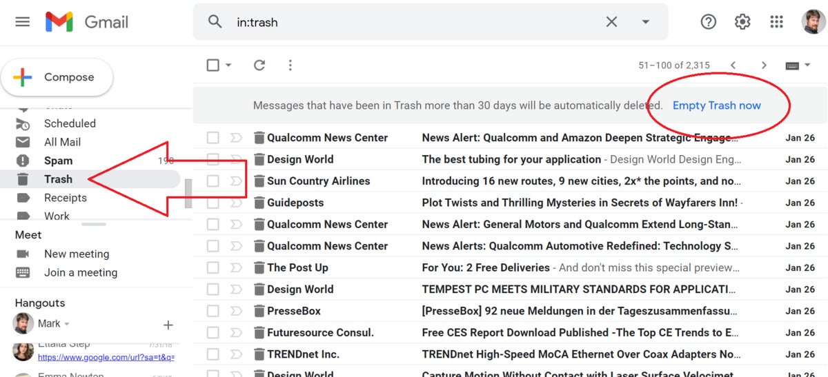 purgar el correo electrónico de la edición de la papelera de gmail