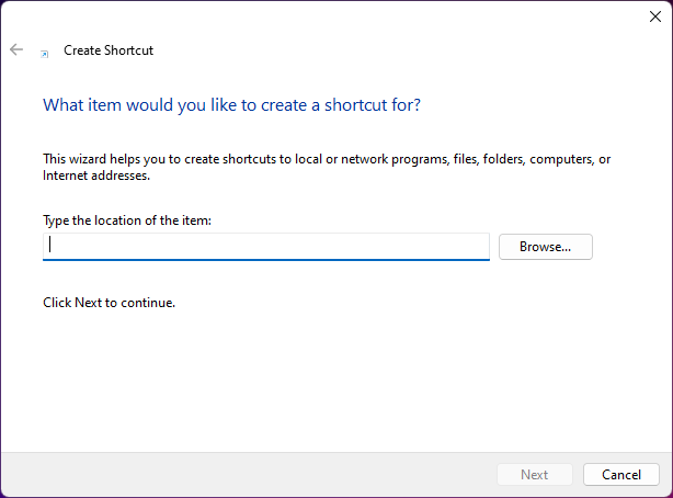 Ventana Crear acceso directo de Windows 11