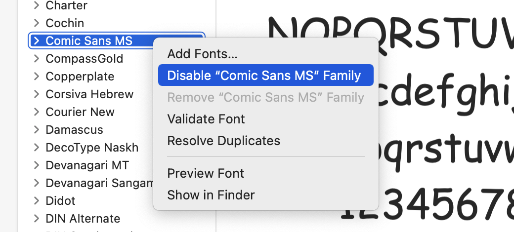 Deshabilitar una fuente en macOS usando Font Book