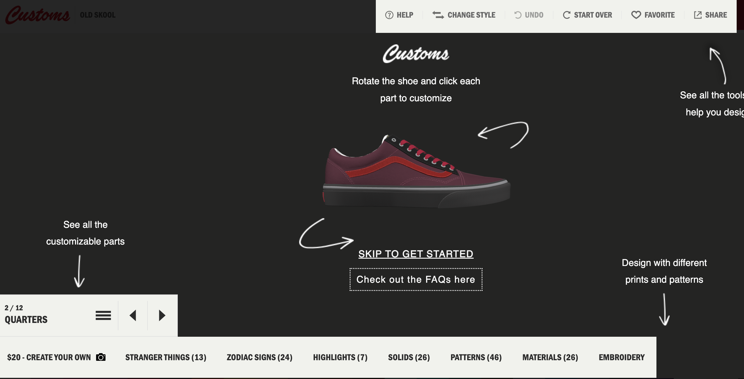 Una vista previa de la aplicación de diseñador de zapatos en Vans.com