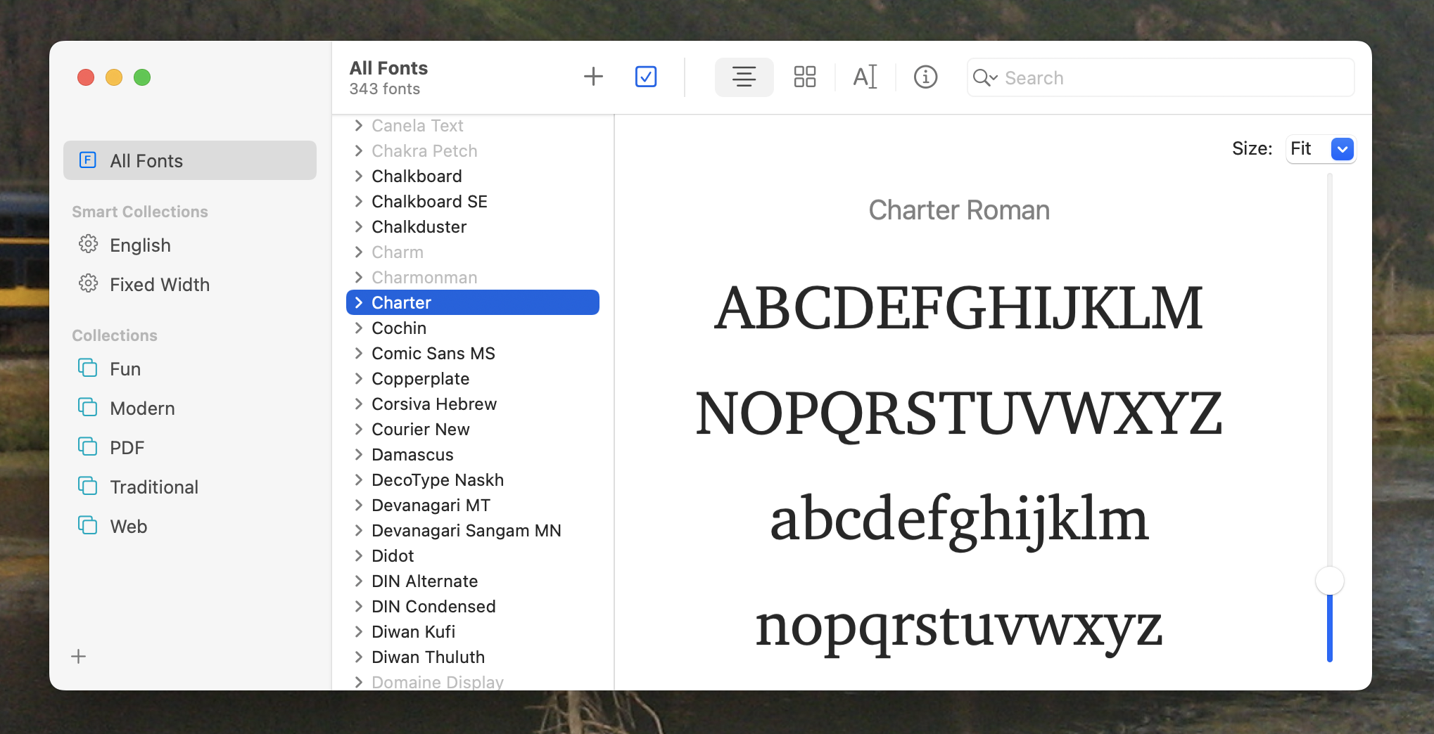 Libro tipográfico en macOS, con las fuentes enumeradas a la izquierda y una vista previa de ellas en el panel central