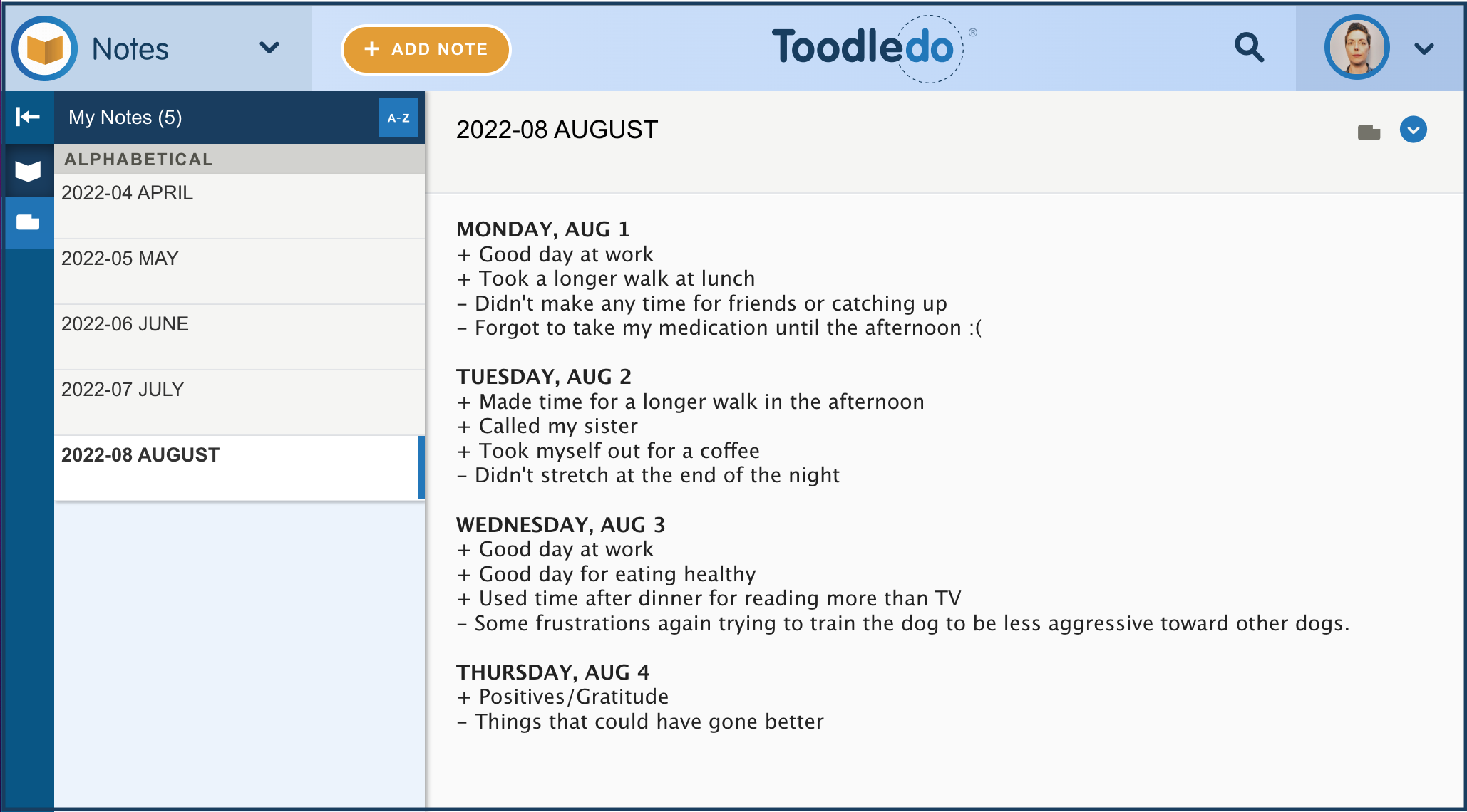 La sección de notas de Toodledo se utiliza para el diario