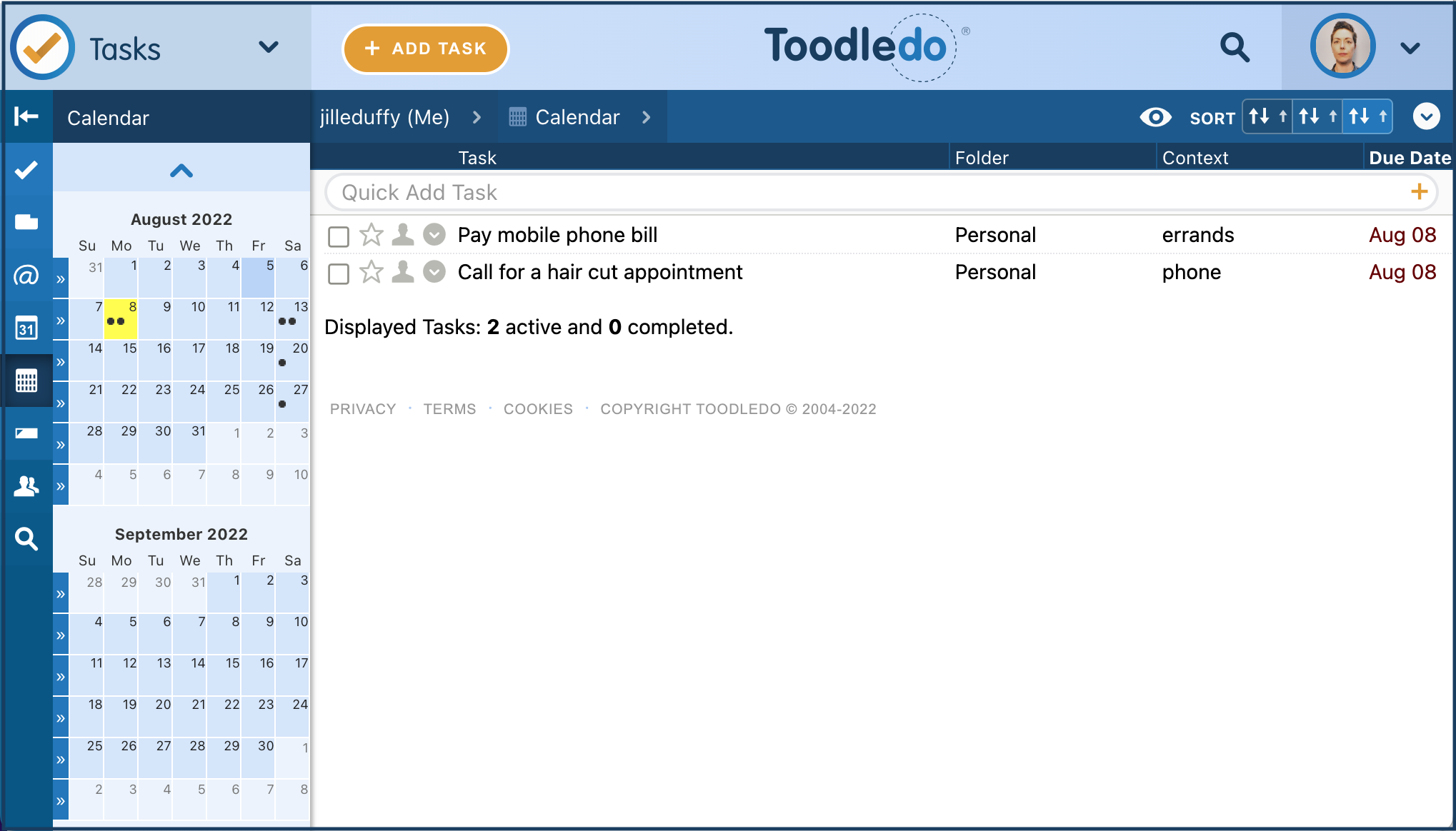Vista de calendario de Toodledo que muestra solo las tareas que vencen en una fecha seleccionada del calendario