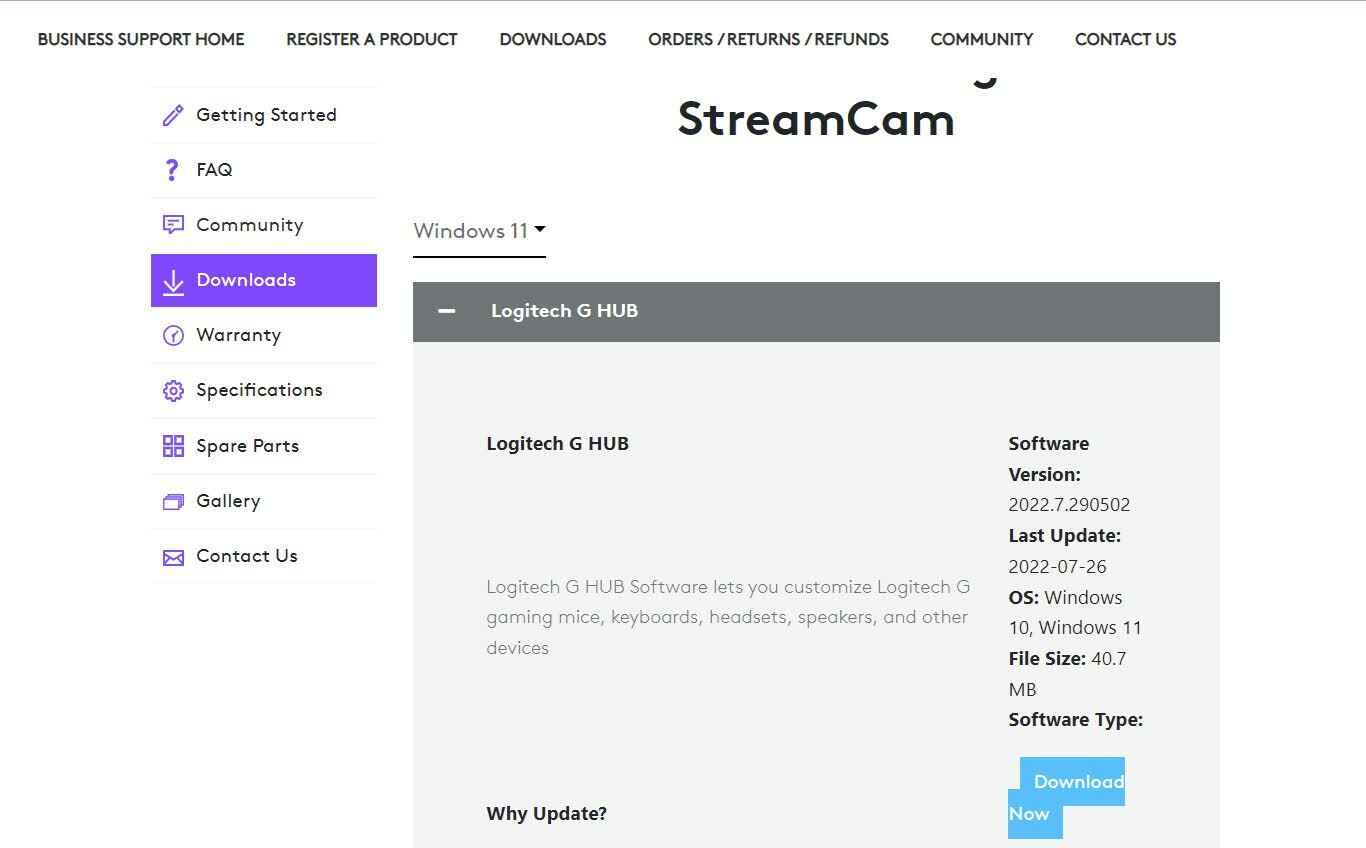   página de descarga de StreamCam de Logitech