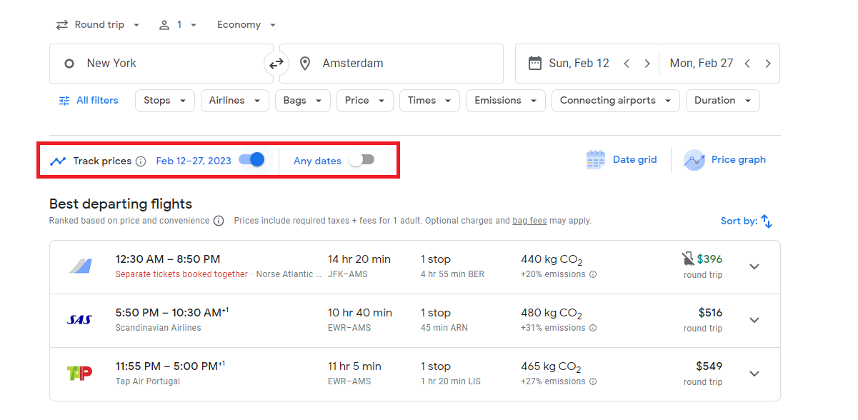 función de seguimiento de precios de vuelos de google