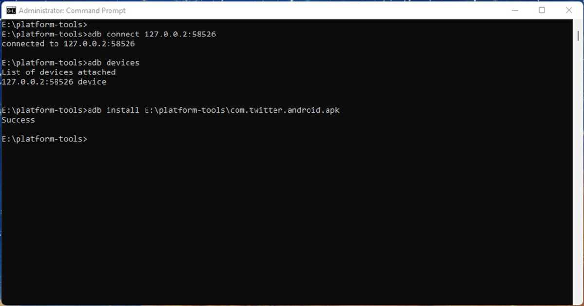 Línea de comando de instalación de Windows 11 Android apk