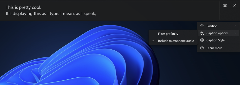 Opciones de subtítulos en vivo Windows 11 22H2