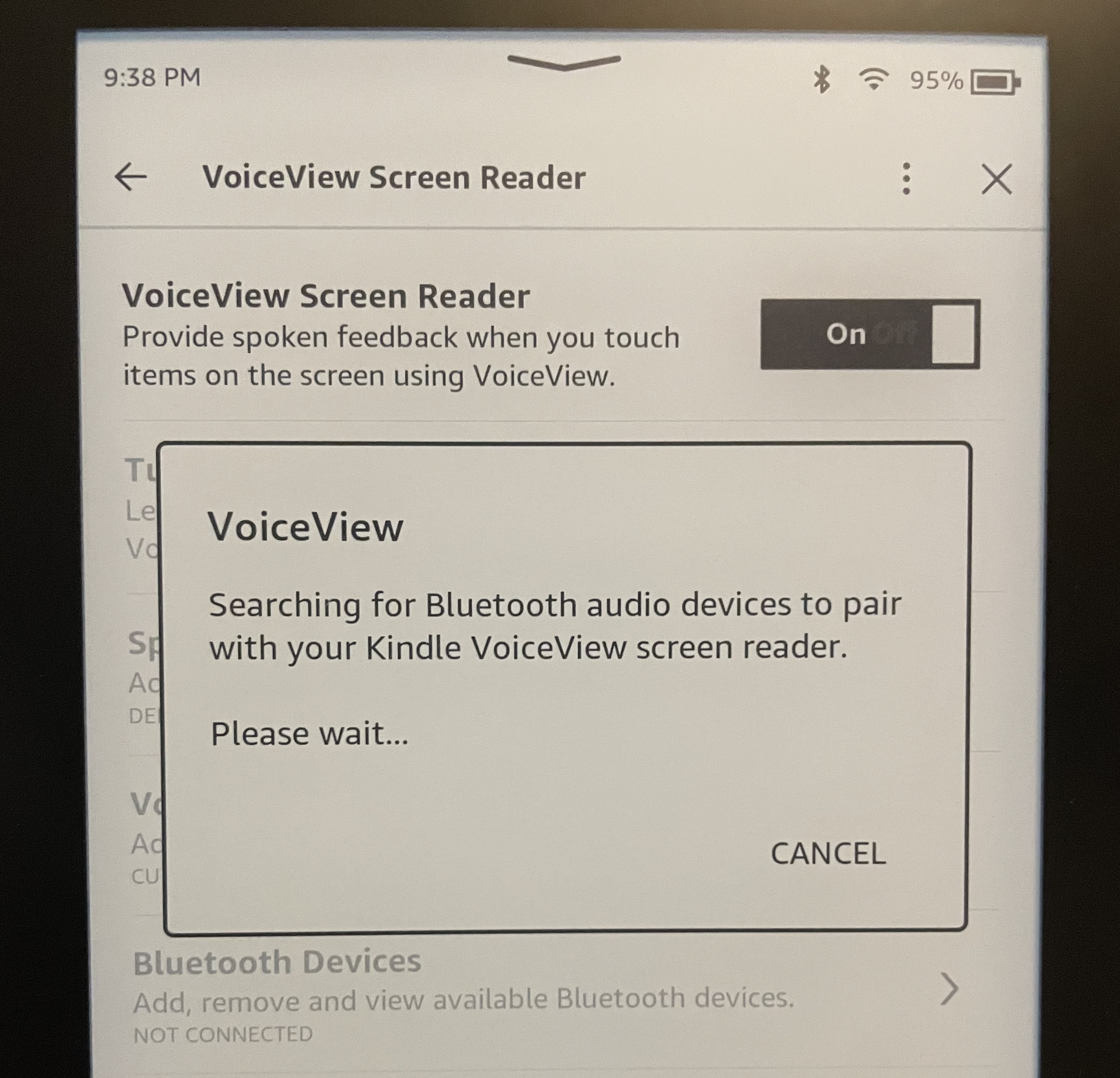 Un Kindle Paperwhite abierto a la opción Voice View