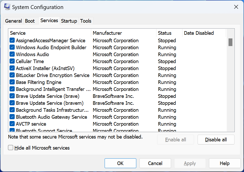 msconfig detener los servicios en el Administrador de tareas de Windows 11