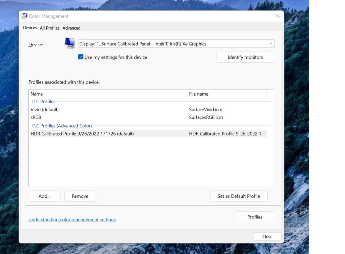 Perfiles de la aplicación de configuración de Windows HDR