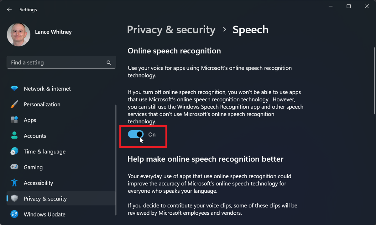 configuración de reconocimiento de voz en línea en Windows 11