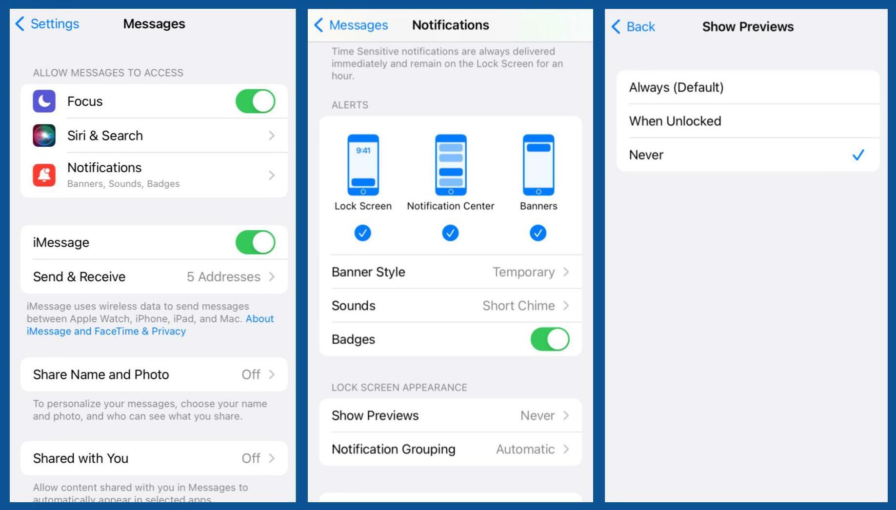 configuración de iPhone;  tres capturas de pantalla que muestran cómo ocultar el contenido de los mensajes de texto desde la pantalla de bloqueo