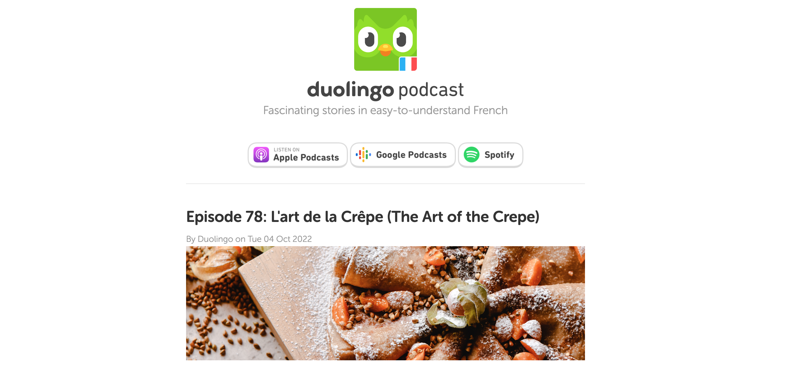 La página de inicio del podcast de Duolingo para estudiantes de francés