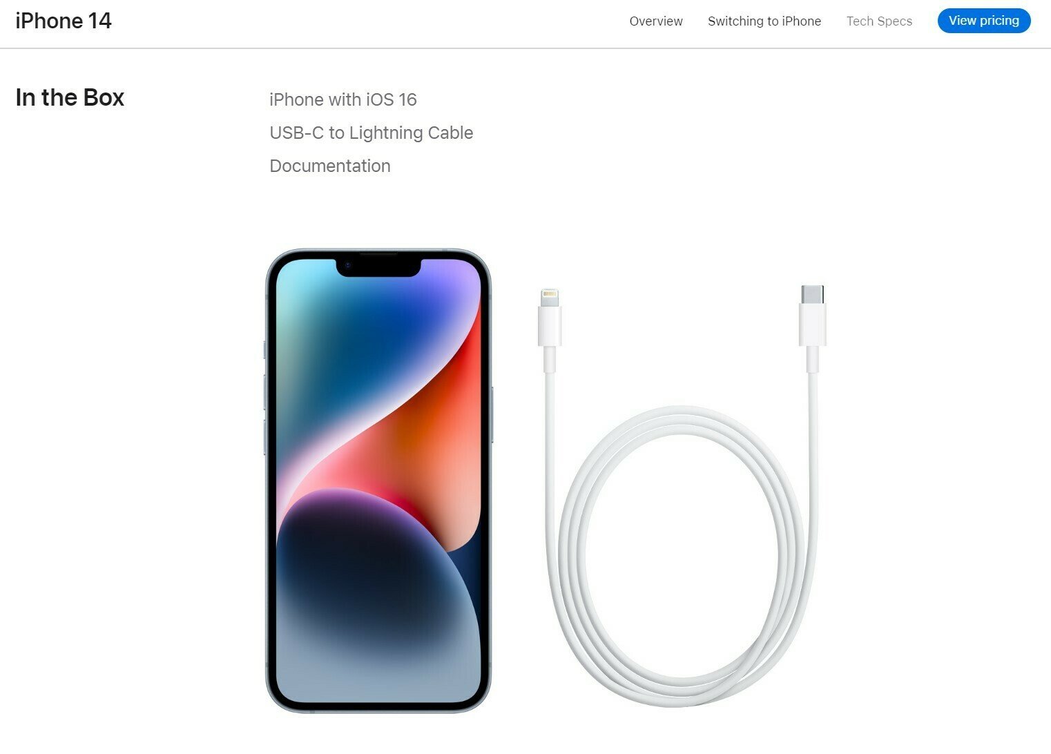 El sitio web de Apple muestra lo que se incluye con el iPhone 14.
